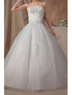 Organza Strapless Floor Length Ball Gown Wedding Dress with Pearls
