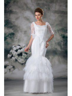 Net and Lace Square Floor Length Mermaid Half-Sleeves Wedding Dress