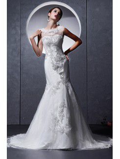 Satin and Tulle Jewel Chapel Train Mermaid Wedding Dress with Embroidered