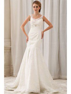 Satin and Lace V-Neck Chapel Train Mermaid Wedding Dress with Embroidered