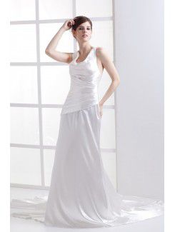 Charmeuse Straps Chapel Train A-Line Wedding Dress with Embroidered Ruffle