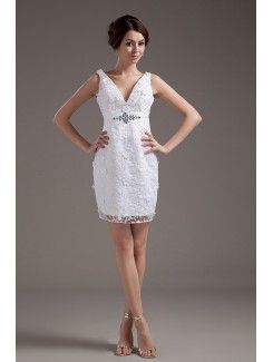 Lace V-Neckline Short Sheath Wedding Dress with Embroidered