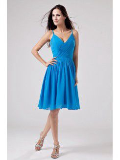 Chiffon Spaghetti Straps Knee-Length Column Bridesmaid Dress with Ruched
