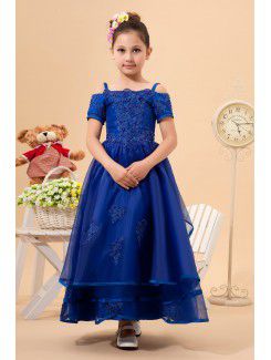 Organza Straps Ankle-Length A-line Flower Girl Dress with Embroidered and Short Sleeves