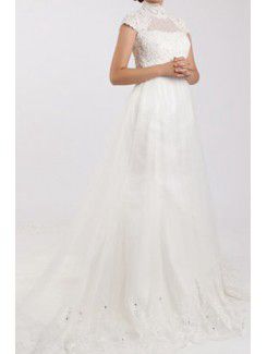Lace High Collar Cathedral Train Mermaid Wedding Dress with Pearls