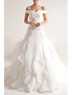 Organza Off-the-Shoulder Chapel Train Ball Gown Wedding Dress with Sequins
