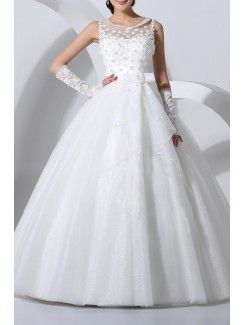 Satin Jewel Floor Length Ball Gown Wedding Dress with Handmade Flowers