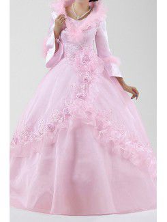 Satin Jewel Floor Length Ball Gown Wedding Dress with Handmade Flowers