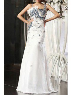 Taffeta Straps Floor Length Sheath Wedding Dress with Handmade Flowers