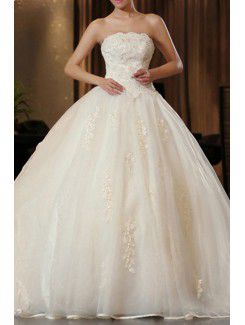 Satin Strapless Chapel Train Ball Gown Wedding Dress with Embroidered