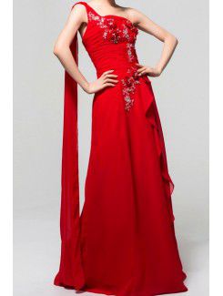 Chiffon One Shoulder Floor Length A-line Evening Dress with Handmade Flowers