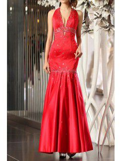 Satin Halter Floor Length Mermaid Prom Dress with Sequins