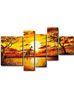 Hand-painted Arican Landscape Oil Painting with Stretched Frame-Set of 5