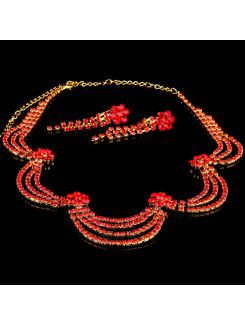 Red Rhinestones Flowers and Alloy Wedding Jewelry Set,Including Necklace and Earrings