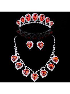 Red Sweetheart Zircons and Rhinestones Wedding Jewelry Set,Including Earrings,Necklace and Tiara