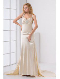 Satin Sweetheart Column Sweep Train Embroidered Prom Dress